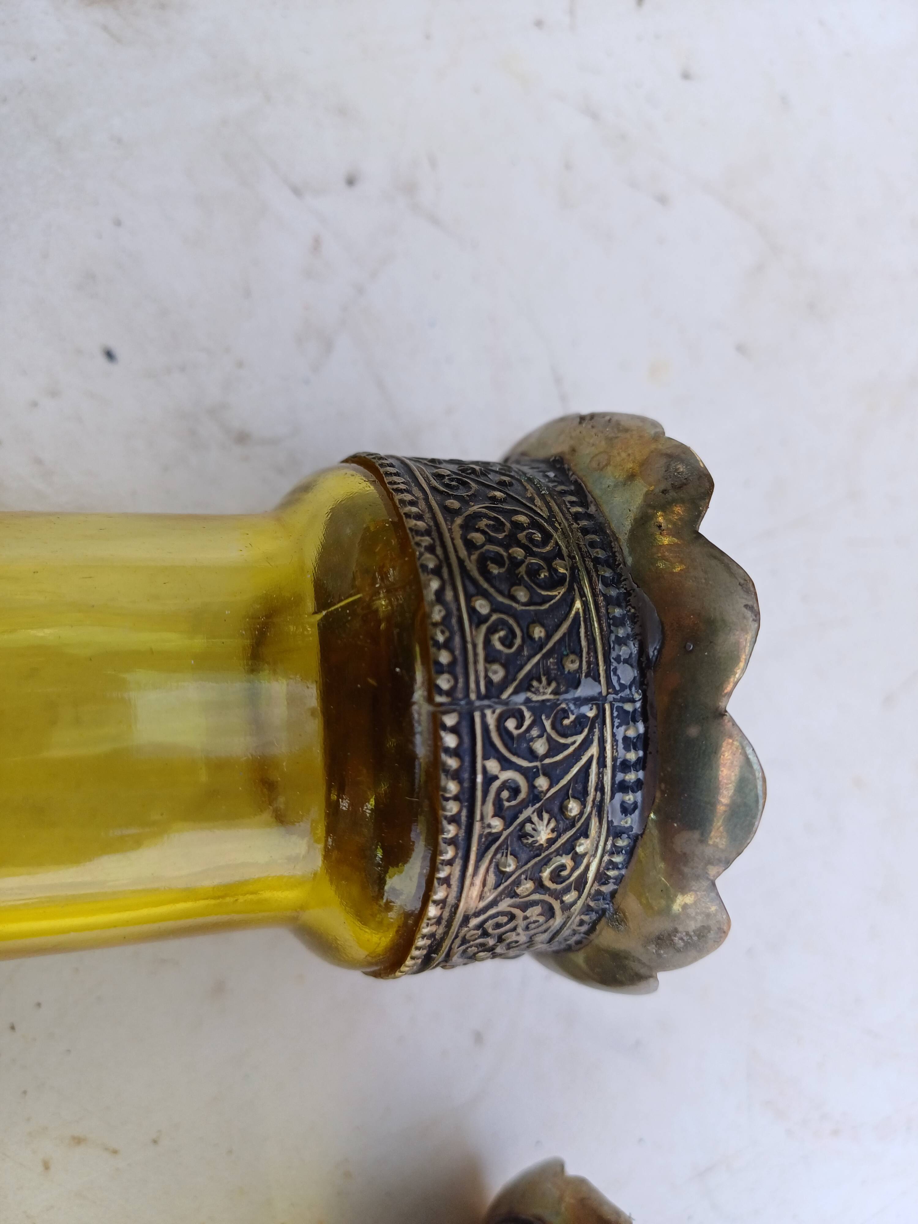 Pair of Silver Metal Candlesticks, Yellow Glass