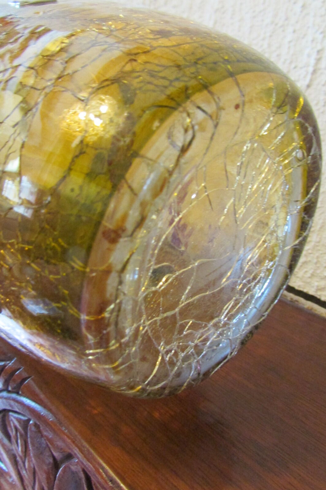 Yellow glass vase, cracked paint, grape motifs