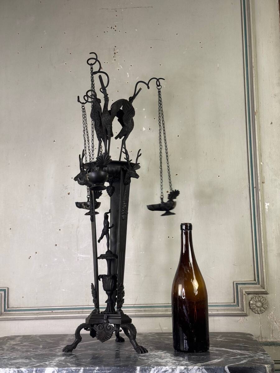 Tripod with herons, oil lamp holder, large object, bronze, Italy 19th century