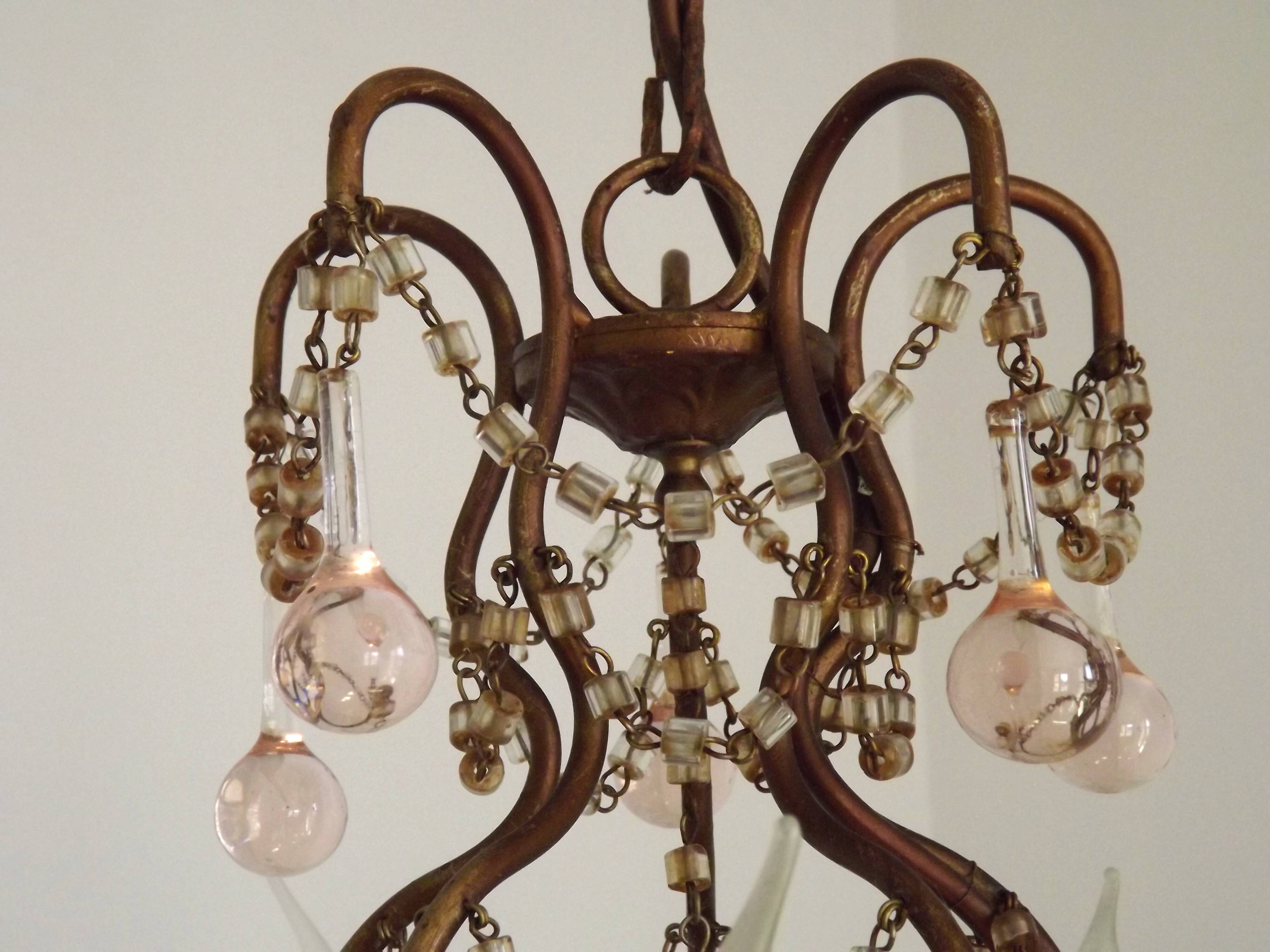 Vintage Italian 5 Arm Gilded Metal Cage Chandelier Beads &Pink Murano Drops