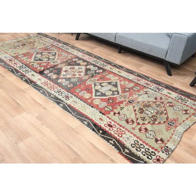1970s Turkish Oushak Handmade Wool Cotton Red Runner Rug 131x354