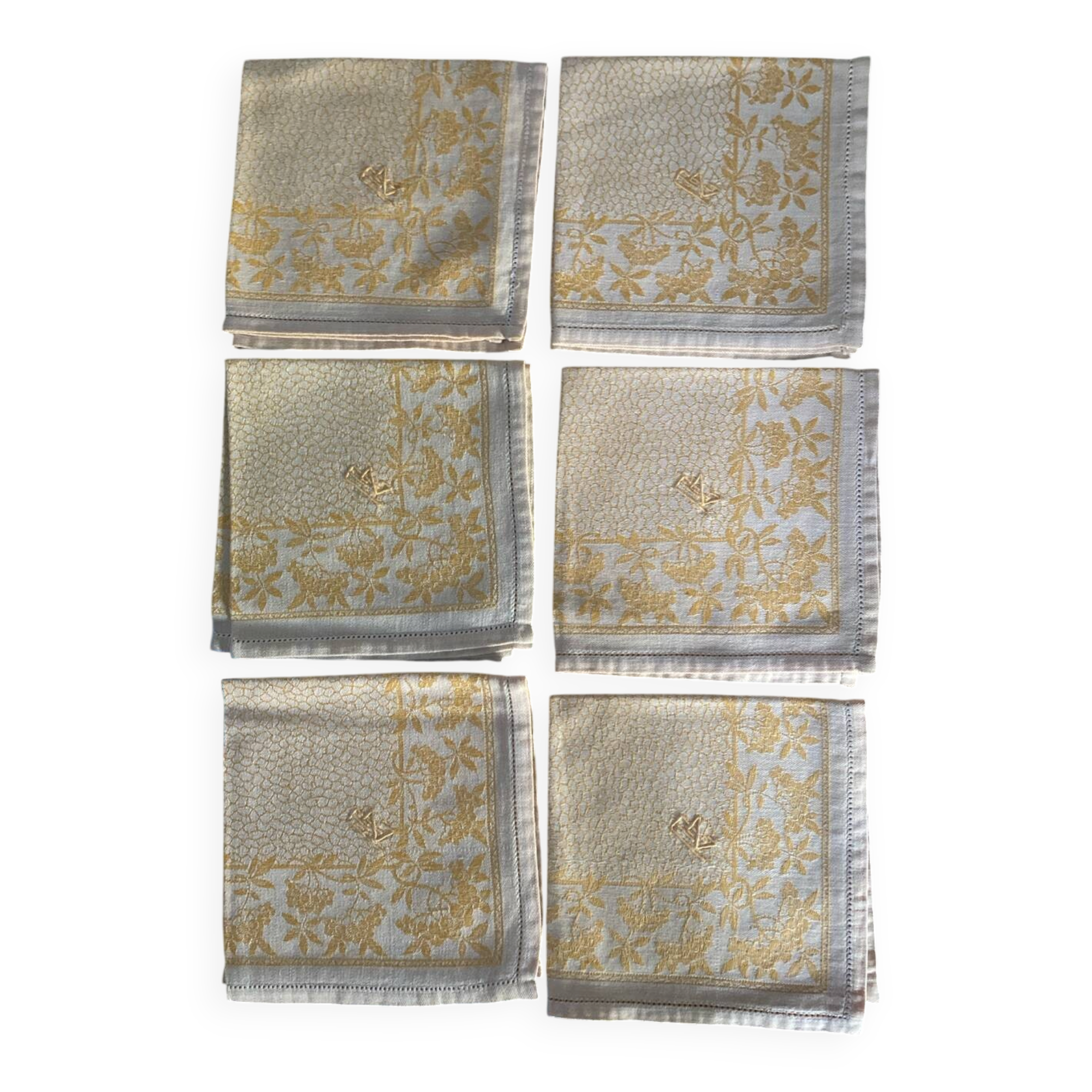 Set of 6 monogrammed damask tea towels