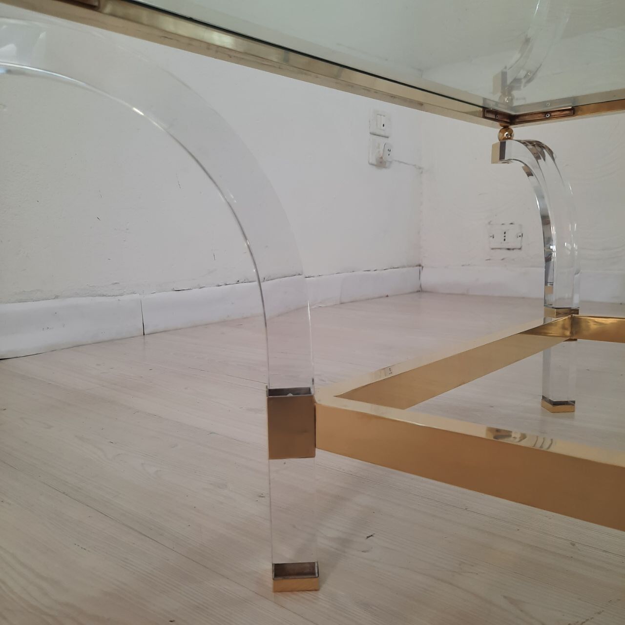 Square coffee table, lucite, brass and glass, Hollywood Regency