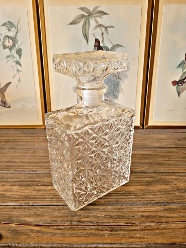 Rectangular whisky carafe made in France with geometric patterns.