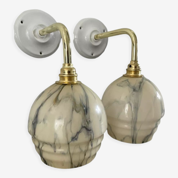 Pair of art deco wall lamps in marbled opaline