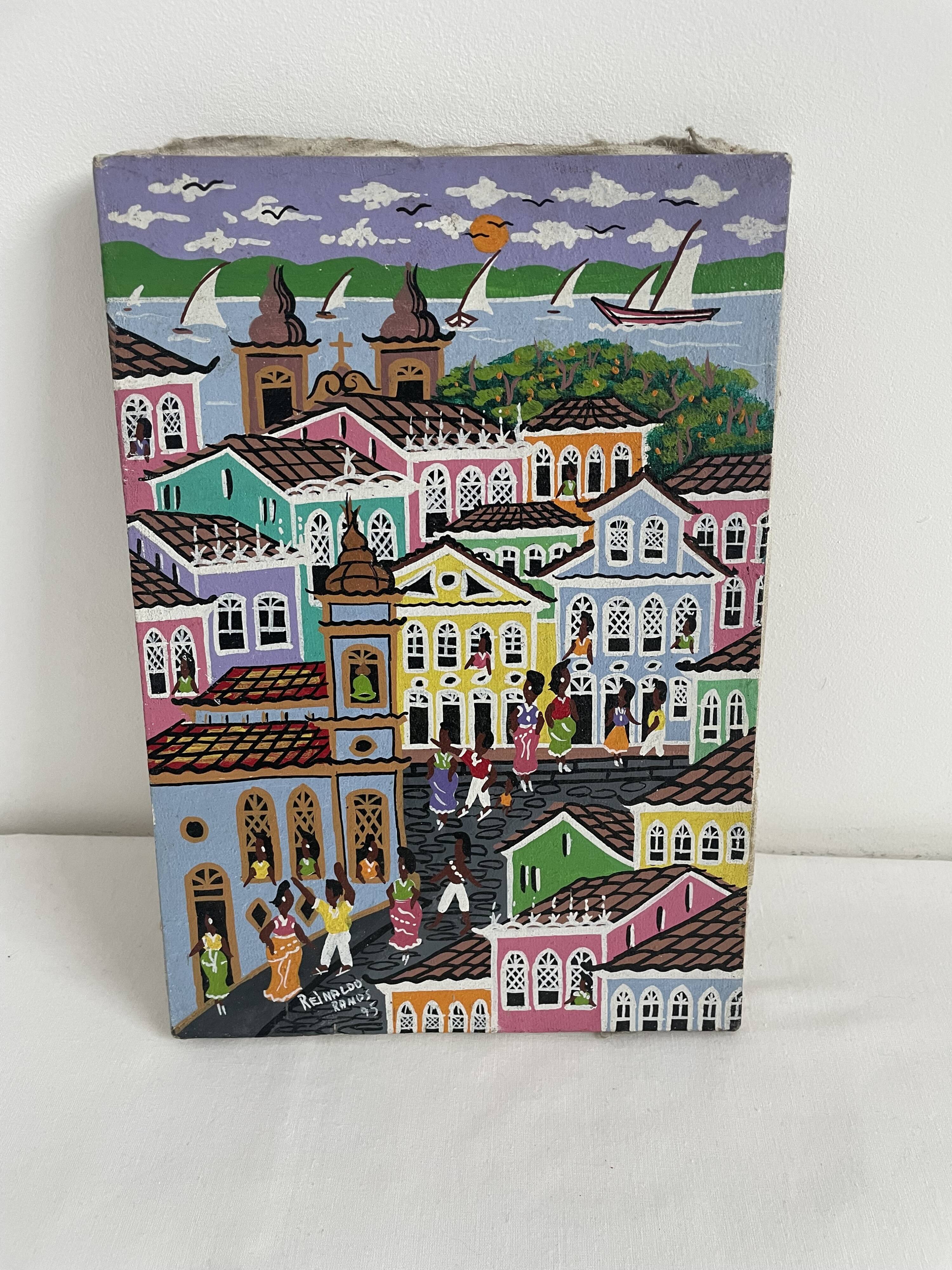 Acrylic painting, naive art, street scene Brazil, colorful colonial houses, sea, sailing boats