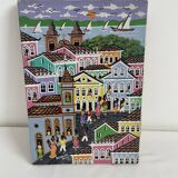 Acrylic painting, naive art, street scene Brazil, colorful colonial houses, sea, sailing boats