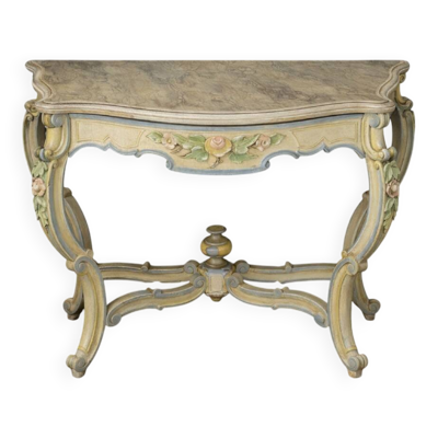 Console italienne peinte et sculptée – Plateau bois en faux semblant de marbre – XIXe siècle