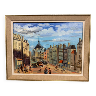Ollier: oil on canvas mounted on panel, animated view of paris at the end of the 20th century