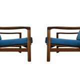 Ensemble de deux fauteuils vintage, revêtement en velours bleu, Pologne, 1960