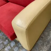 Art Deco 3-seater convertible sofa in genuine beige leather and red fabric from the 1980s.