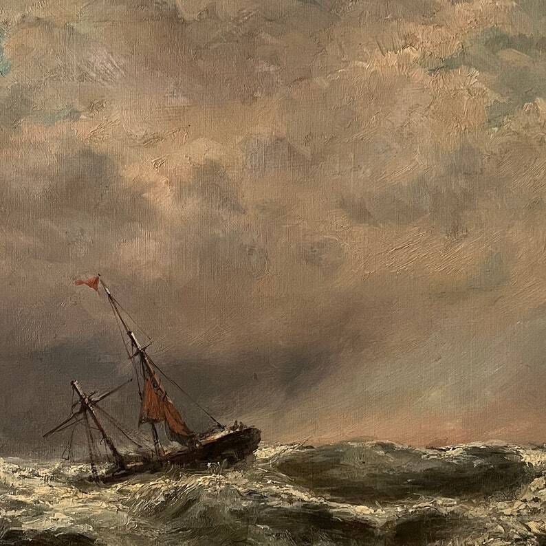 Peinture à l'huile de grand voilier vintage du milieu du siècle