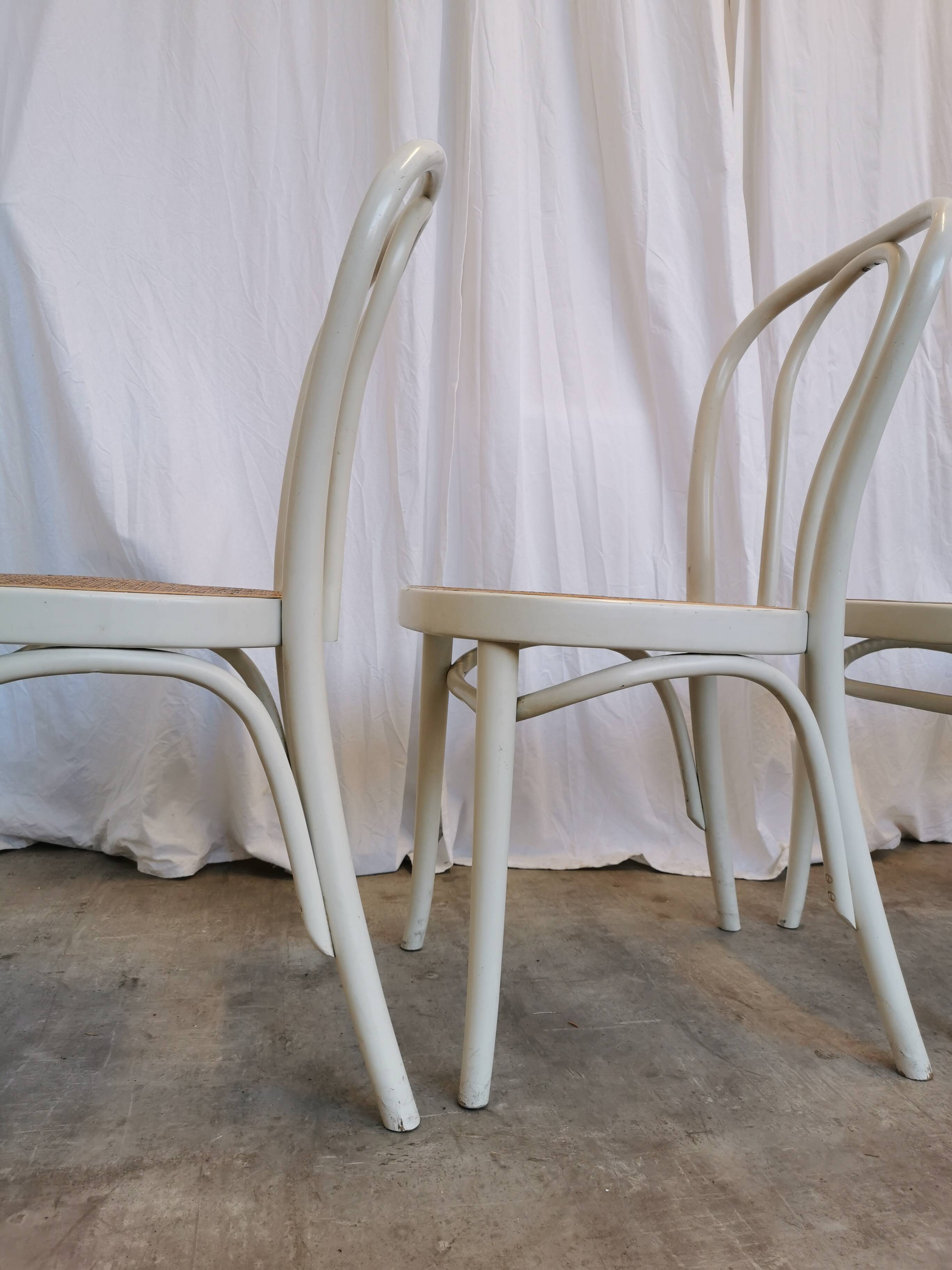 Set of 4 Vintage Thonet Style Dining Chairs: White Wood & Cane