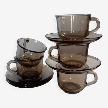 5 cups & saucers in smoked glass Arcoroc France