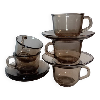 5 cups & saucers in smoked glass Arcoroc France