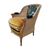 Cane and velvet armchair