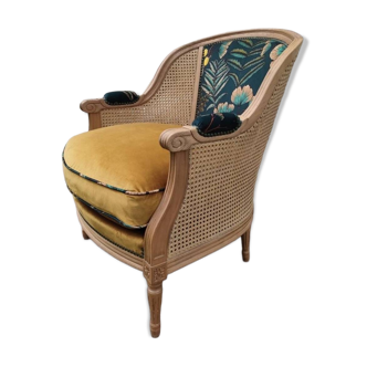 Cane and velvet armchair