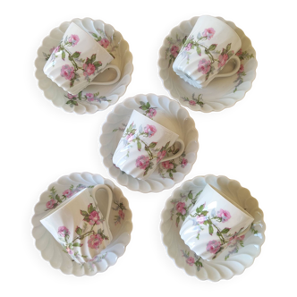 5 Haviland porcelain cups and saucers: roses