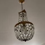 Lustre corbeille ancien en laiton et pampilles – Art déco années 1930