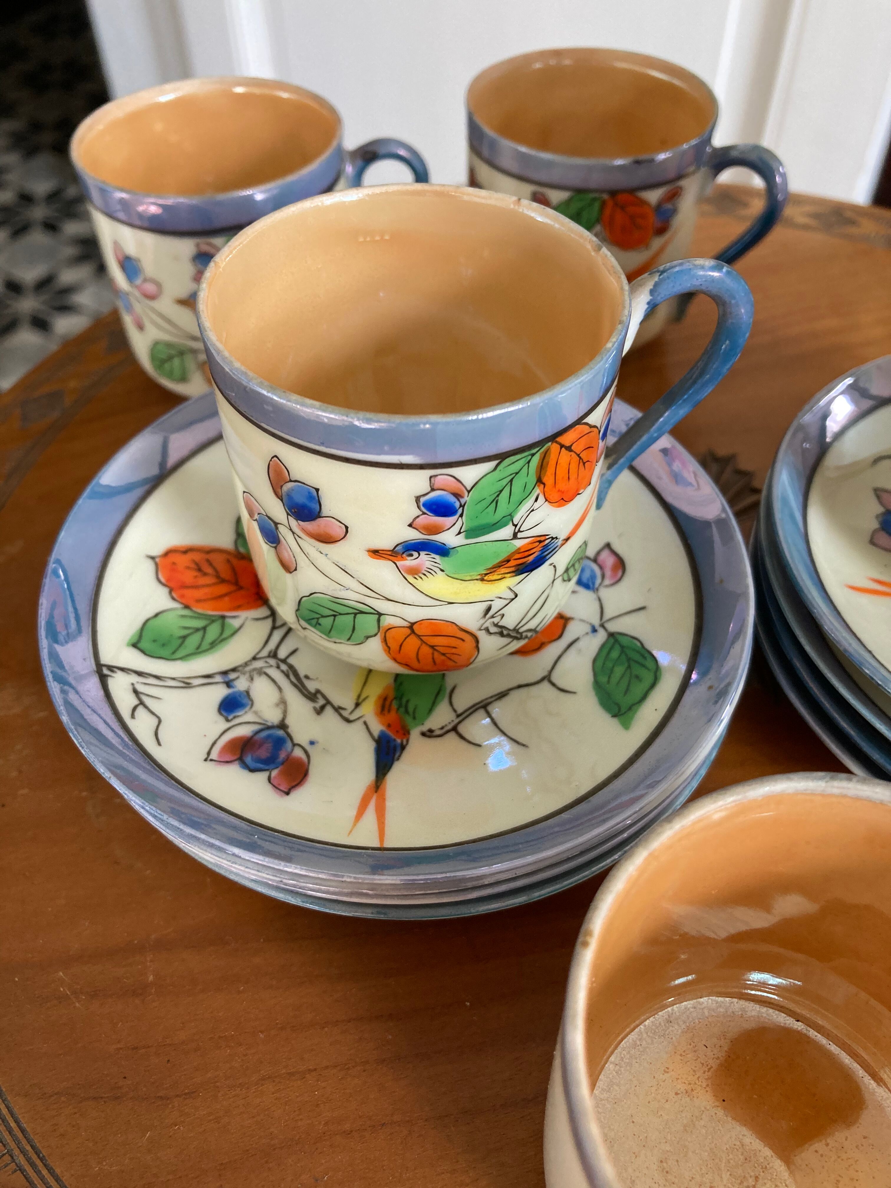 7 cups 1950 enamelled china saucers coffee or tea painted decoration birds