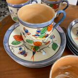 7 cups 1950 enamelled china saucers coffee or tea painted decoration birds