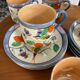 7 cups 1950 enamelled china saucers coffee or tea painted decoration birds