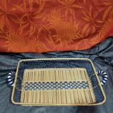 Beige and blue woven wicker tray - ceramic handle
