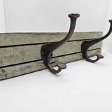 Solid teak coat hook with 2 double cast iron hooks