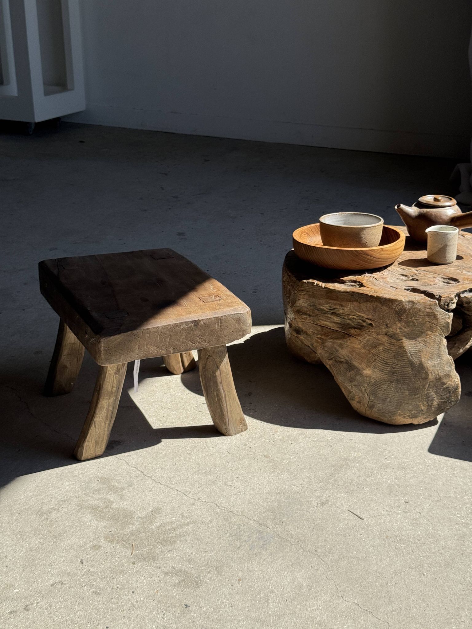Small stool, rectangular accent stool in solid teak wabi-sabi H26.
