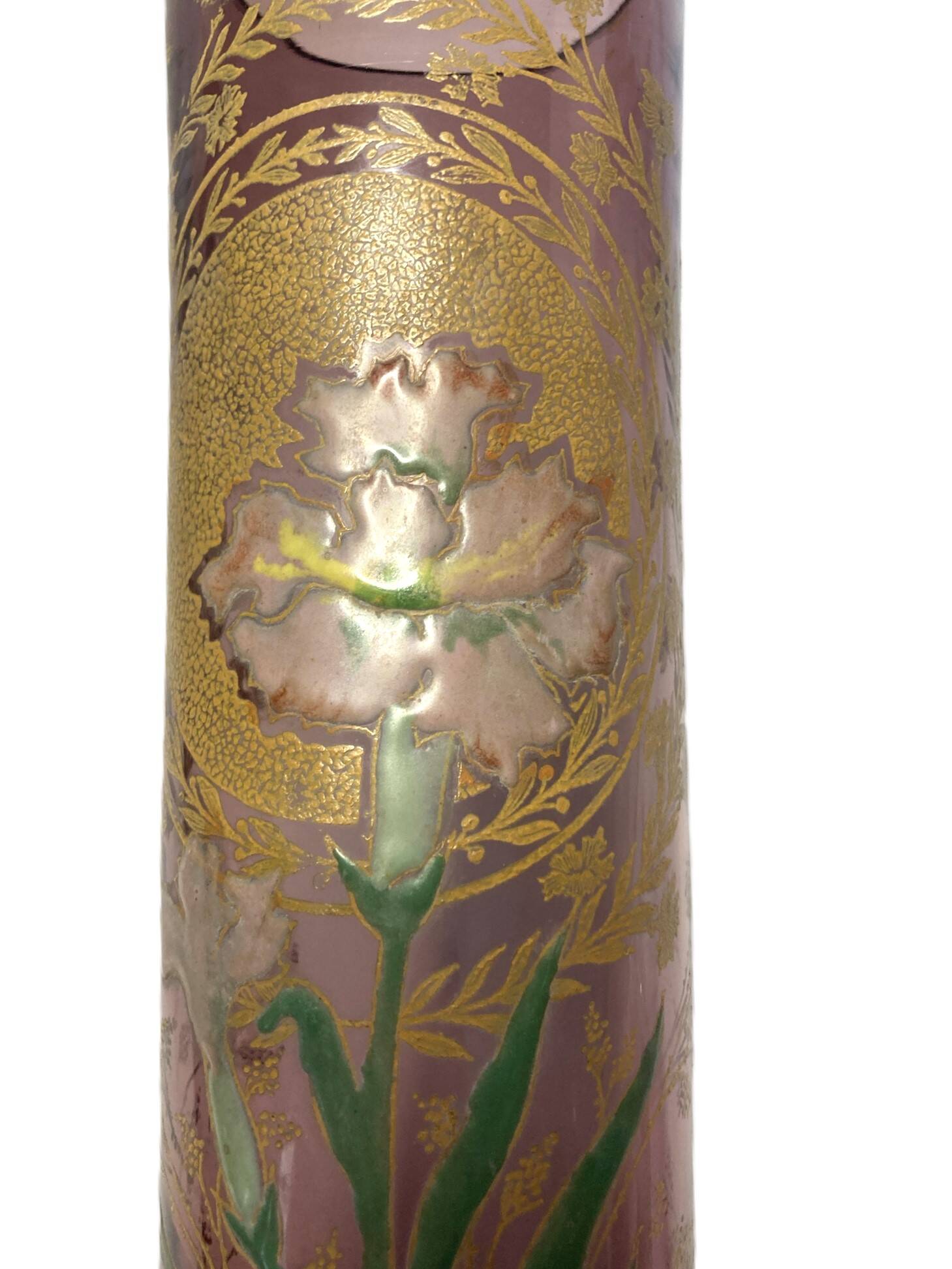 Legras Montjoye, purple enamelled glass vase with carnation circa 1900