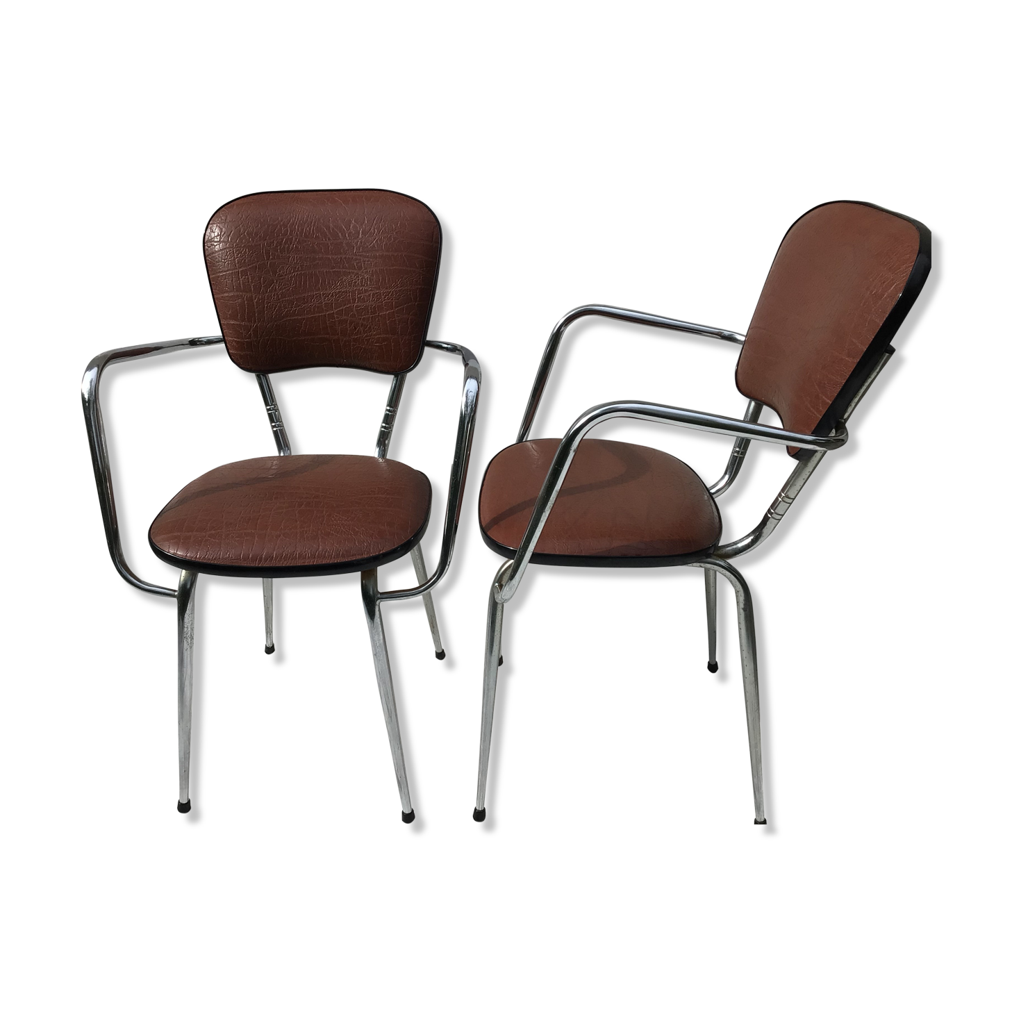 2 60's brown leatherette chrome metal kitchen armchairs