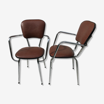 2 fauteuils cuisine métal chromé skaï marron 60’s