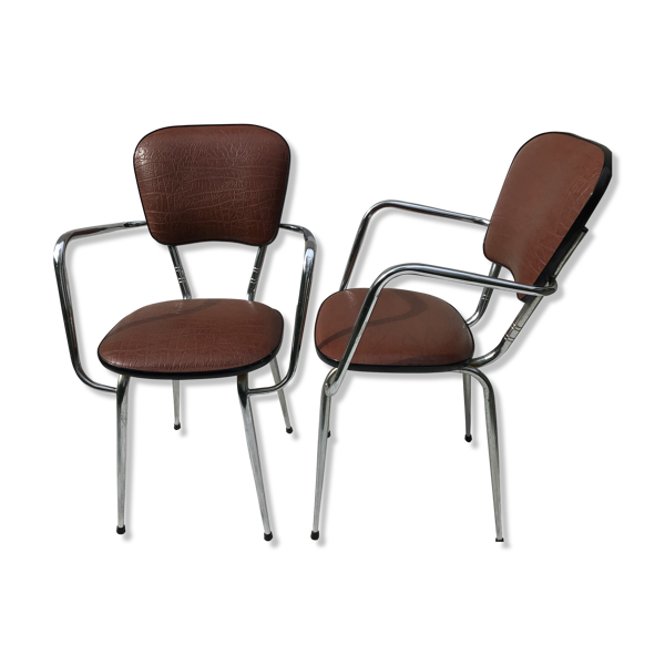 2 fauteuils cuisine métal chromé skaï marron 60’s