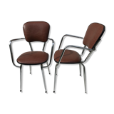 2 fauteuils cuisine métal chromé skaï marron 60’s