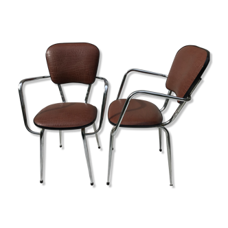 2 60's brown leatherette chrome metal kitchen armchairs