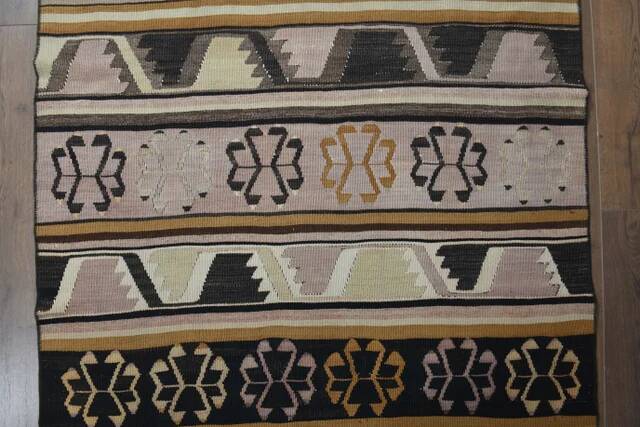 1970s Turkish Oushak Handmade Wool Cotton Brown Kilim Runner Rug 114x452
