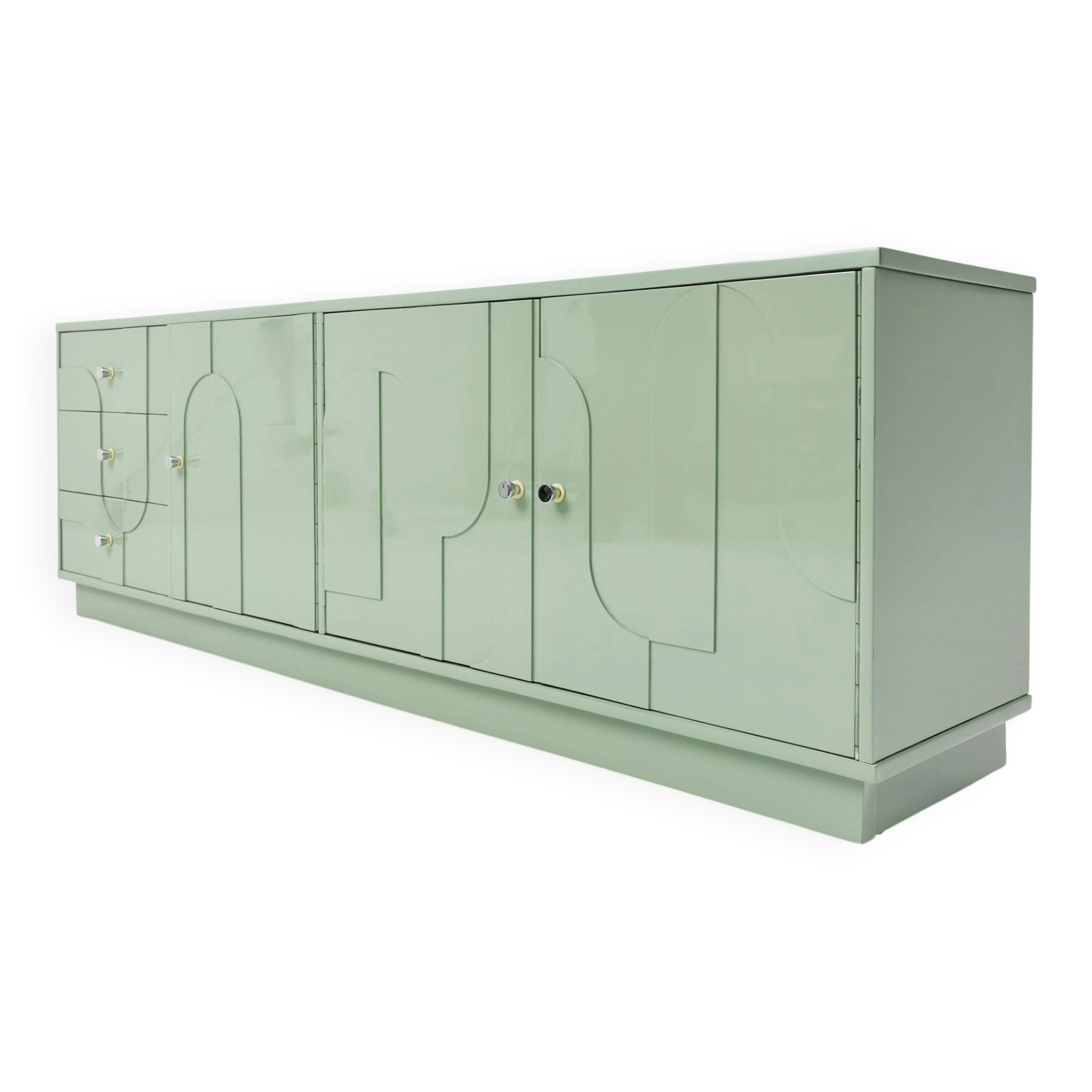 Buffet vintage des années 1970, vert pastel, relief, finition brillante, chrome