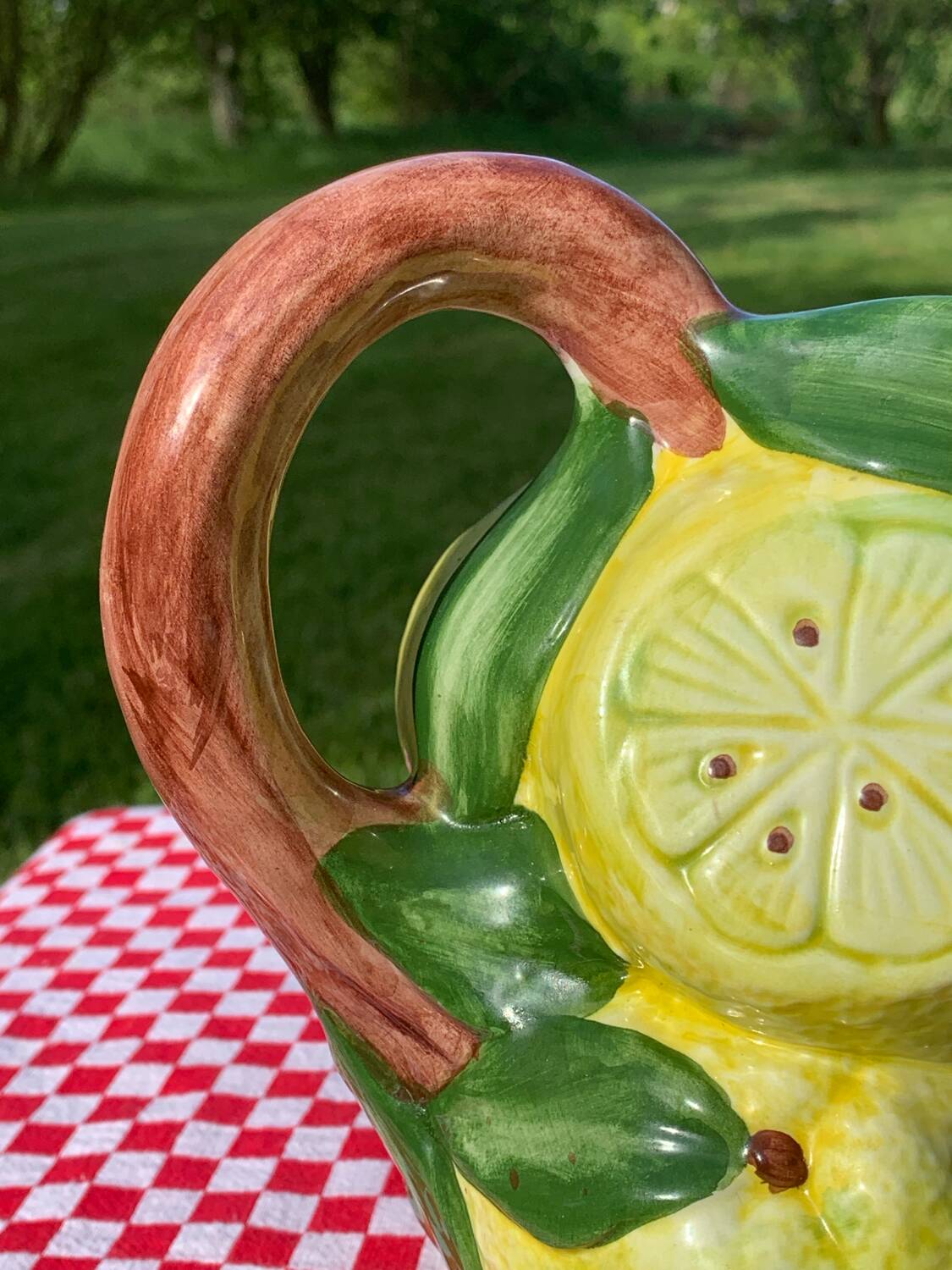 Hand-painted lemon barbotine pitcher vintage Italy