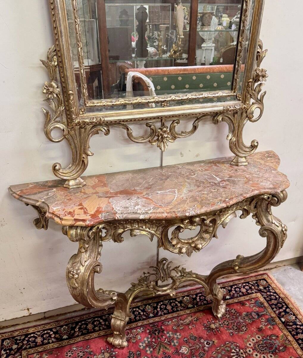 curved castle console + Louis XV style mirror in gilded and silvered wood