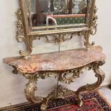 Console de château galbée et miroir style Louis XV en bois doré et argenté