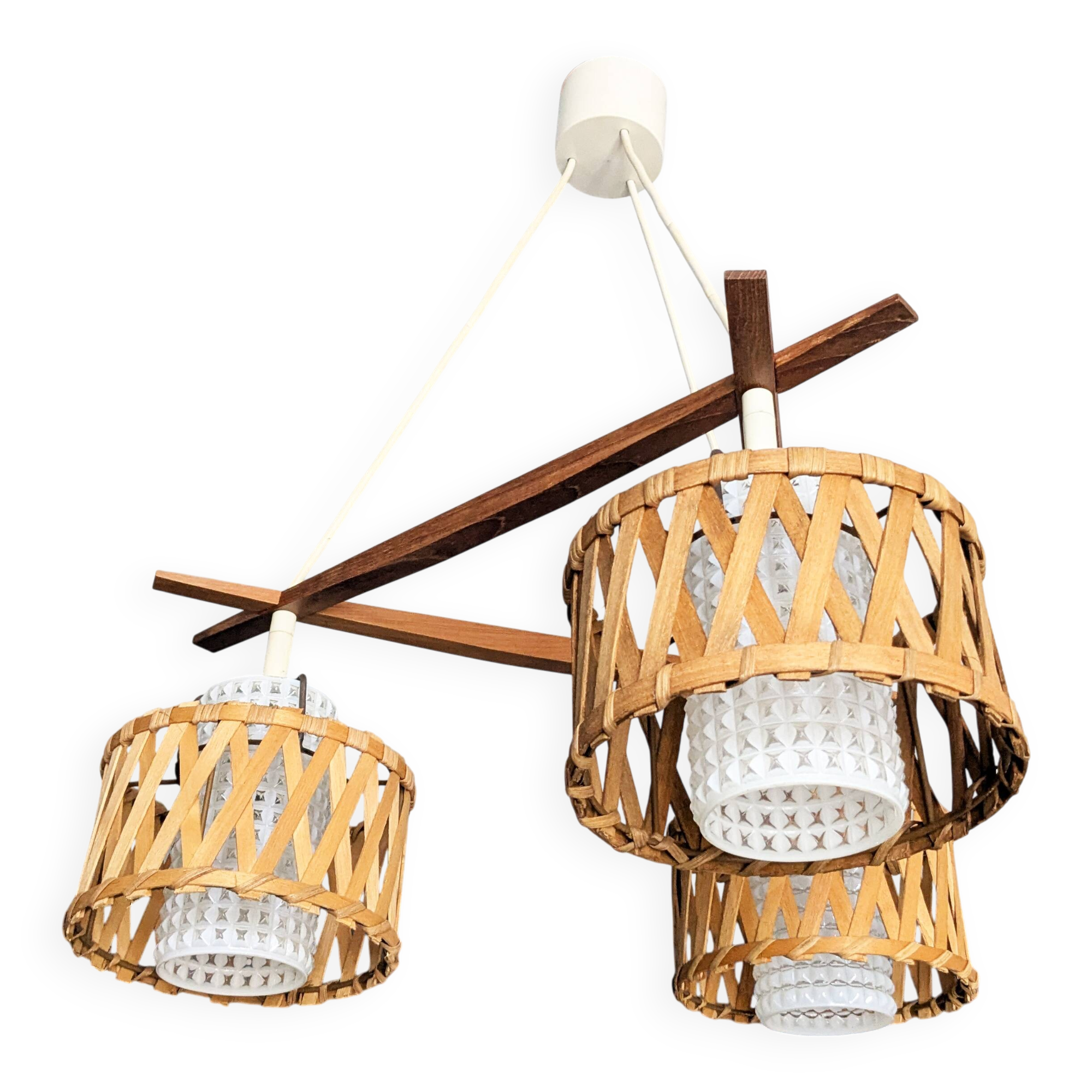Suspension in teak and rattan, Doria Leuchten from the 1950s.