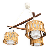 Suspension in teak and rattan, Doria Leuchten from the 1950s.