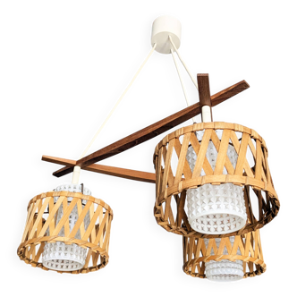 Suspension in teak and rattan, Doria Leuchten from the 1950s.