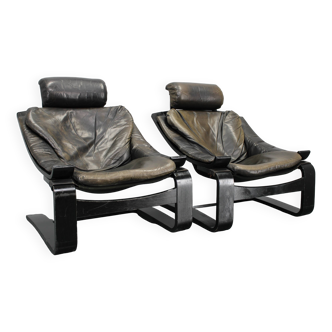 Paire de fauteuils de salon en cuir « Kroken » des années 1970 par Ake Fribyter pour Nelo, Suède