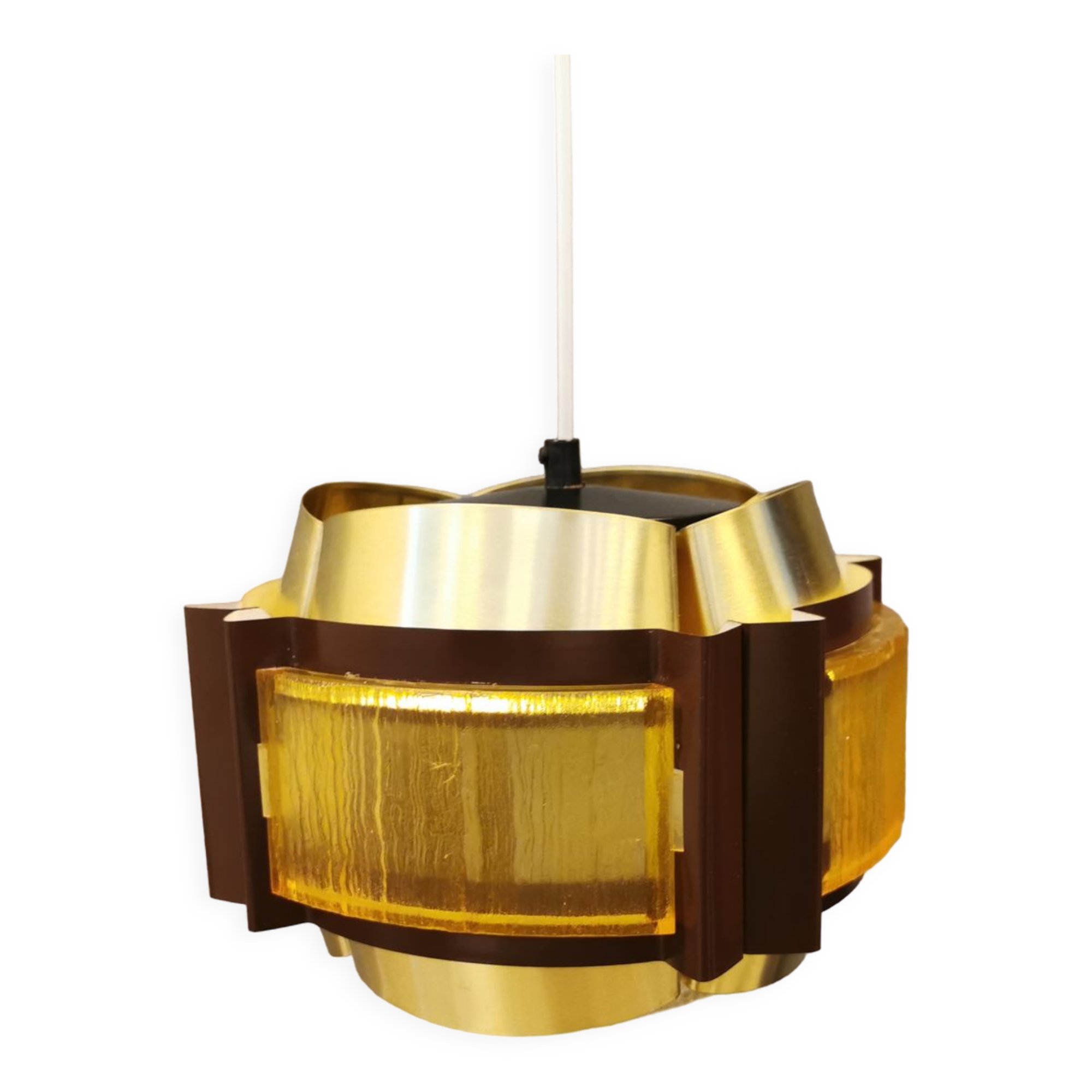 Danish hanging lamp, made in brass colored and brown metal, with yellowish hard pressed plastic deta