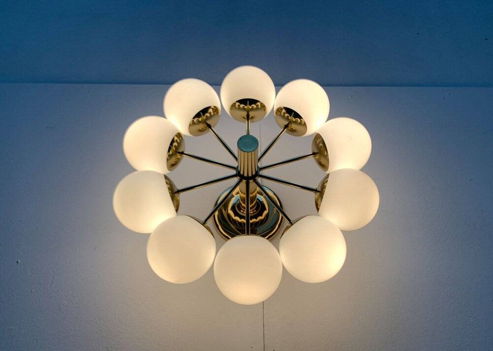German brass ceiling lamp in mid-century modern space style by Kaiser Leuchten, 1960s.