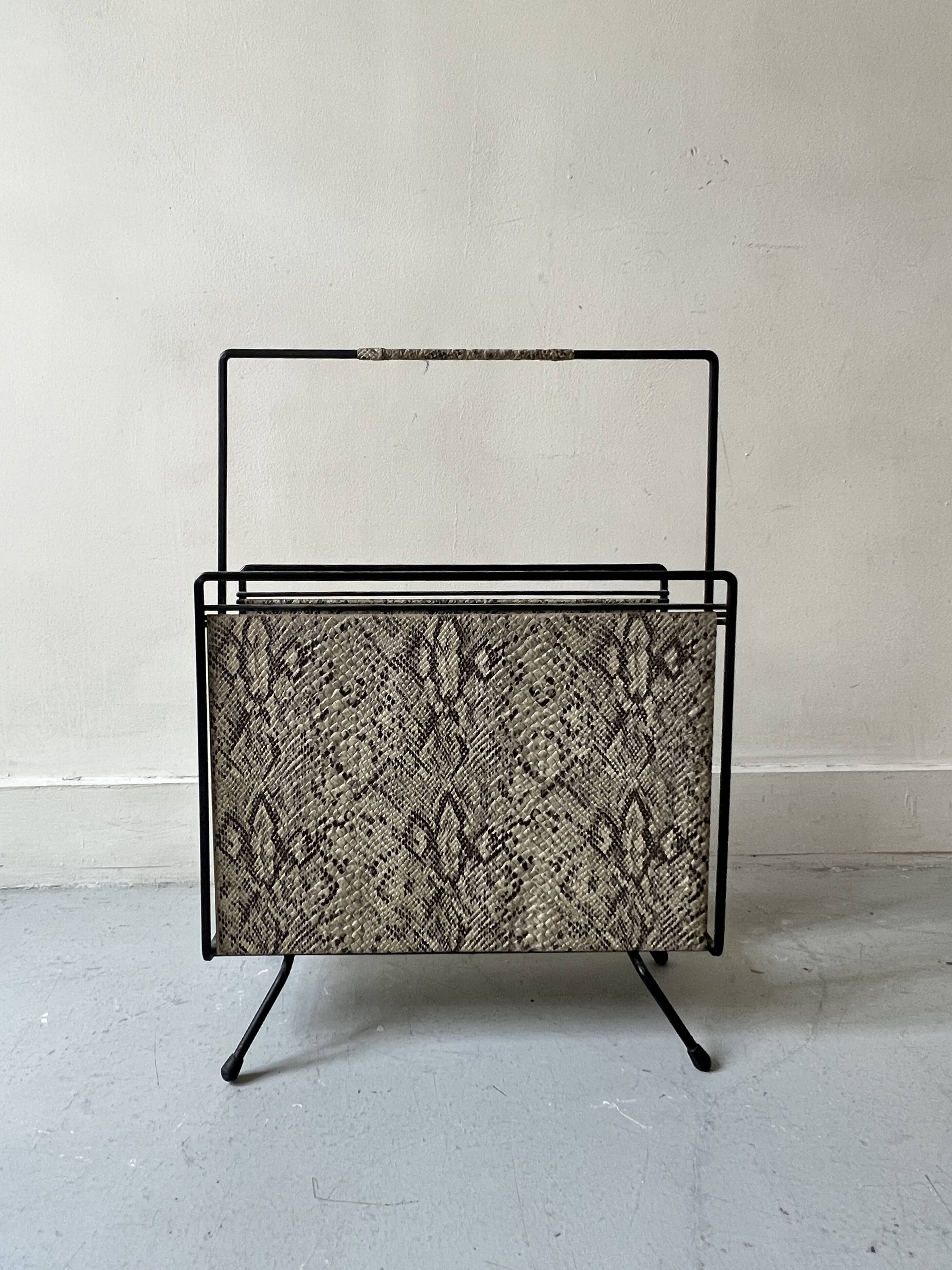 1970s design magazine rack in metal and python leather
