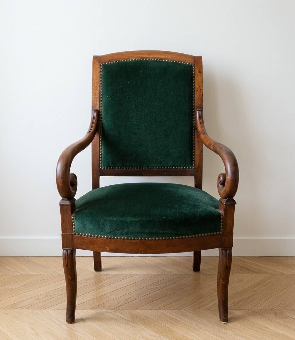Pair of Empire armchairs in wood and green velvet