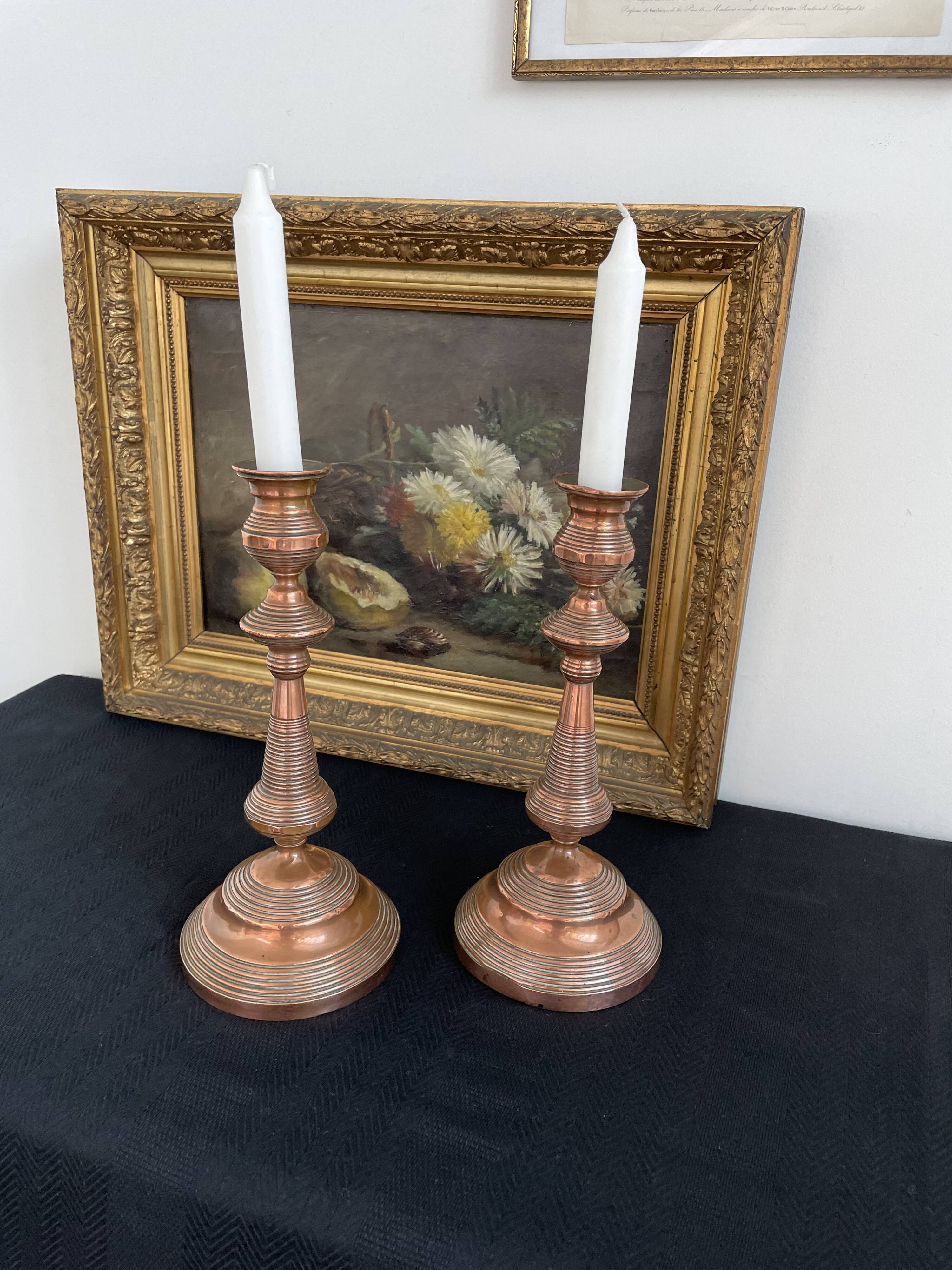 Antique, pair of candle holders, copper, brass, candle, goldsmith hallmark, old, large, massive, France