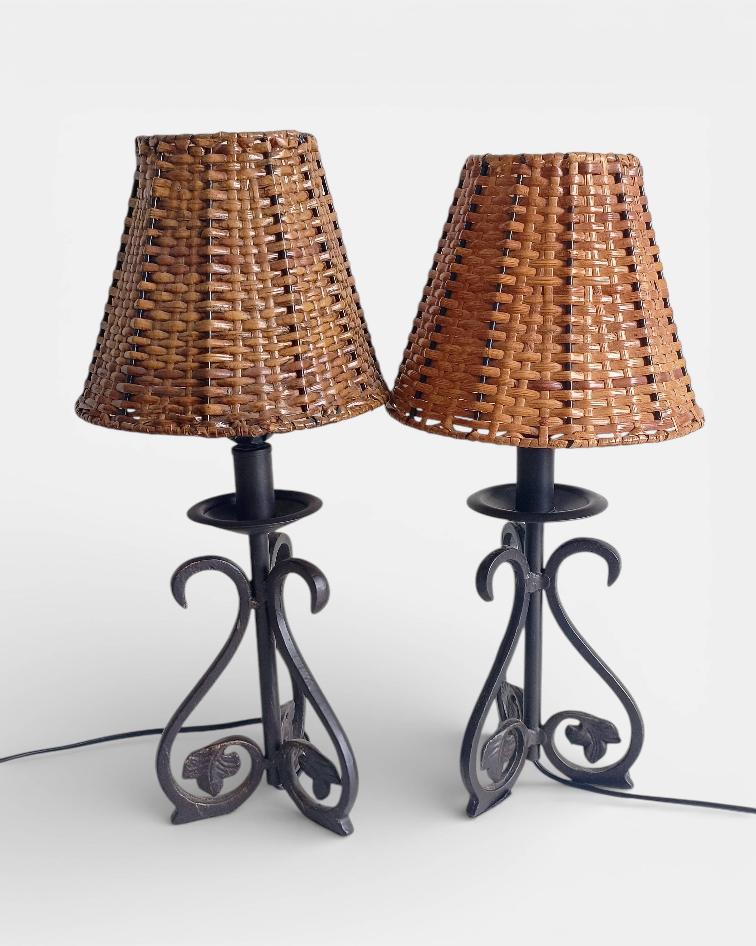 Spanish Hand Forged Wrought Iron Table Lamps with Hand Woven Wicker Shades